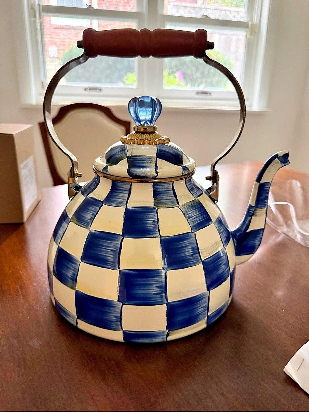 MacKenzie-Childs Royal Check Tea Kettle Blue & White